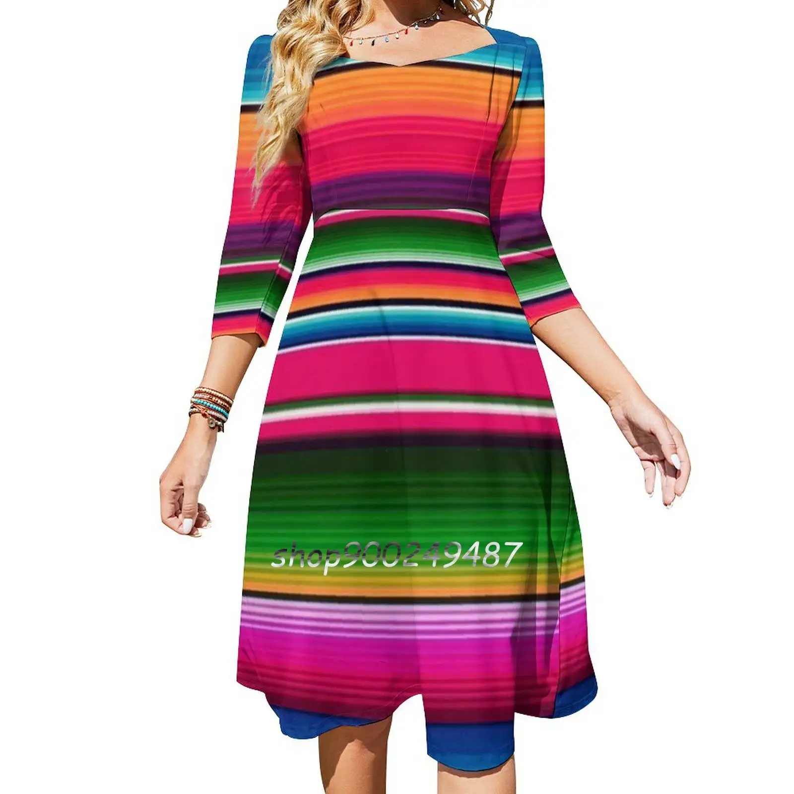 Mexican Blanket Striped Fiesta Serape Square Neck Dress New Plus Size Elegant Women Waist Tight Dress Fiesta Party Fiesta