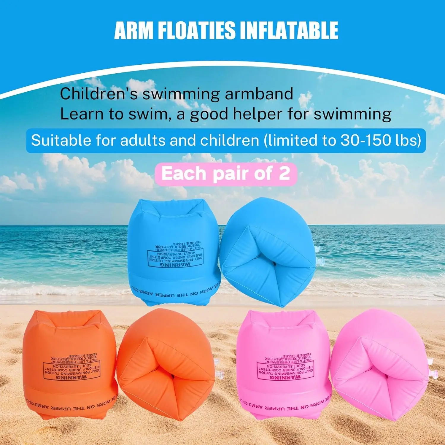 Inflatable Water Wings Arm Floaties for Kids Adults - PVC Swimming Arm Bands Pool Floats Floatation Rings for Swimming Learning, Drum-Type Design for Pool & Beach Use (Pink 2pcs)