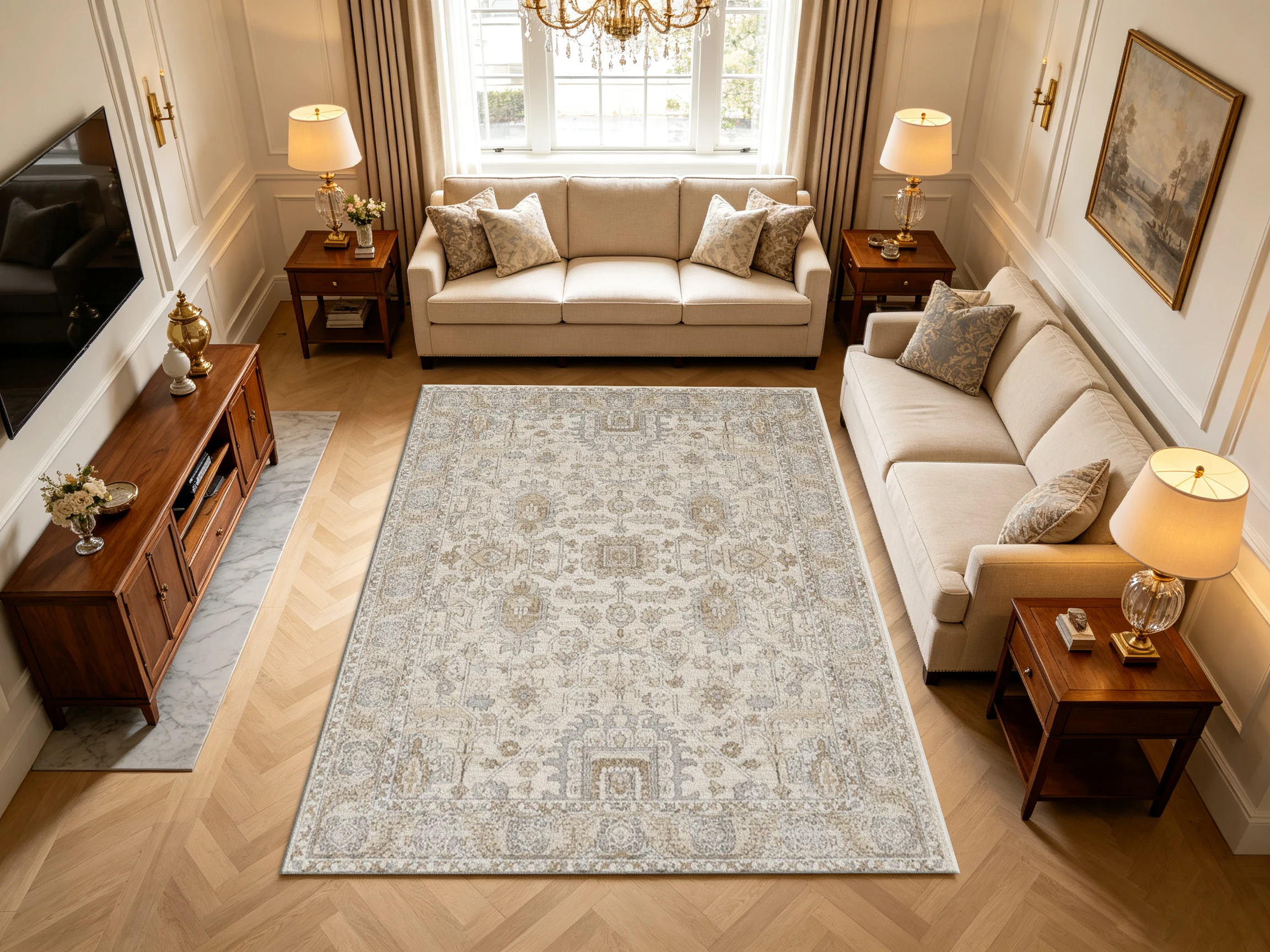 Neutral Beige Distressed Carpet Flooring, Vintage Oriental Medallion Area Rug for Minimalist Home Decor
