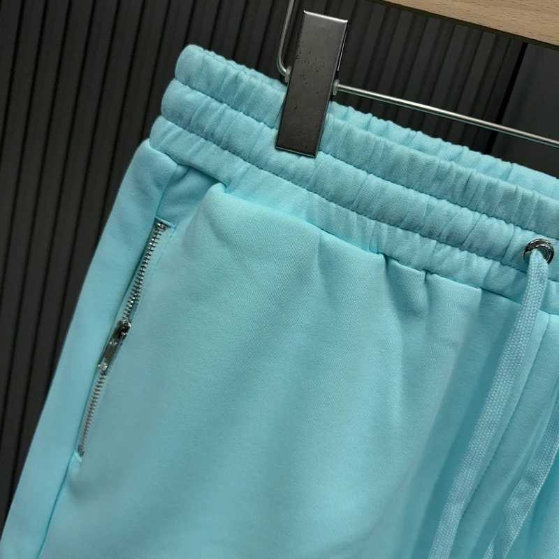 Colorful Bead Cross Sanskrit Patch Embroidery Short Pants Men Women  Zipper Pockets Drawstring Shorts Casual Baggy Shortpants