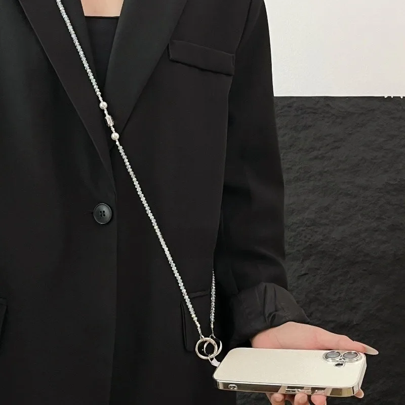 High-End Pearl Pendant Mobile Phone Chain Fashionable Beaded Crystal Long Cross-Body Strap Anti-Lost Phone Accessory