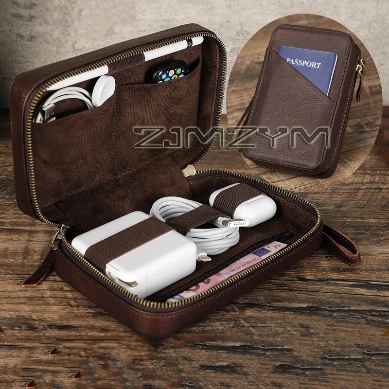 Fashion Crazy Horse Leather Phone Clutch Bag Data Cable Earphone Holder Case Card ID Wallet Organizer Pouch