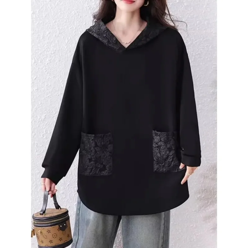 Felpa patchwork a maniche lunghe in pizzo casual a maniche lunghe con cappuccio nuovo stile alla moda per le donne