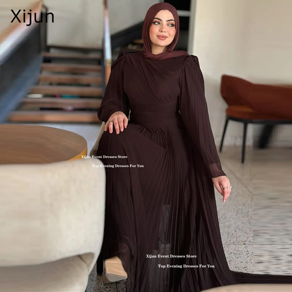 Xijun Modest Brown Chiffon Evening Dresses Ruched Full Sleeves Dubai Prom Dress O-Neck Formal Ankle Length Prom Gown Customized