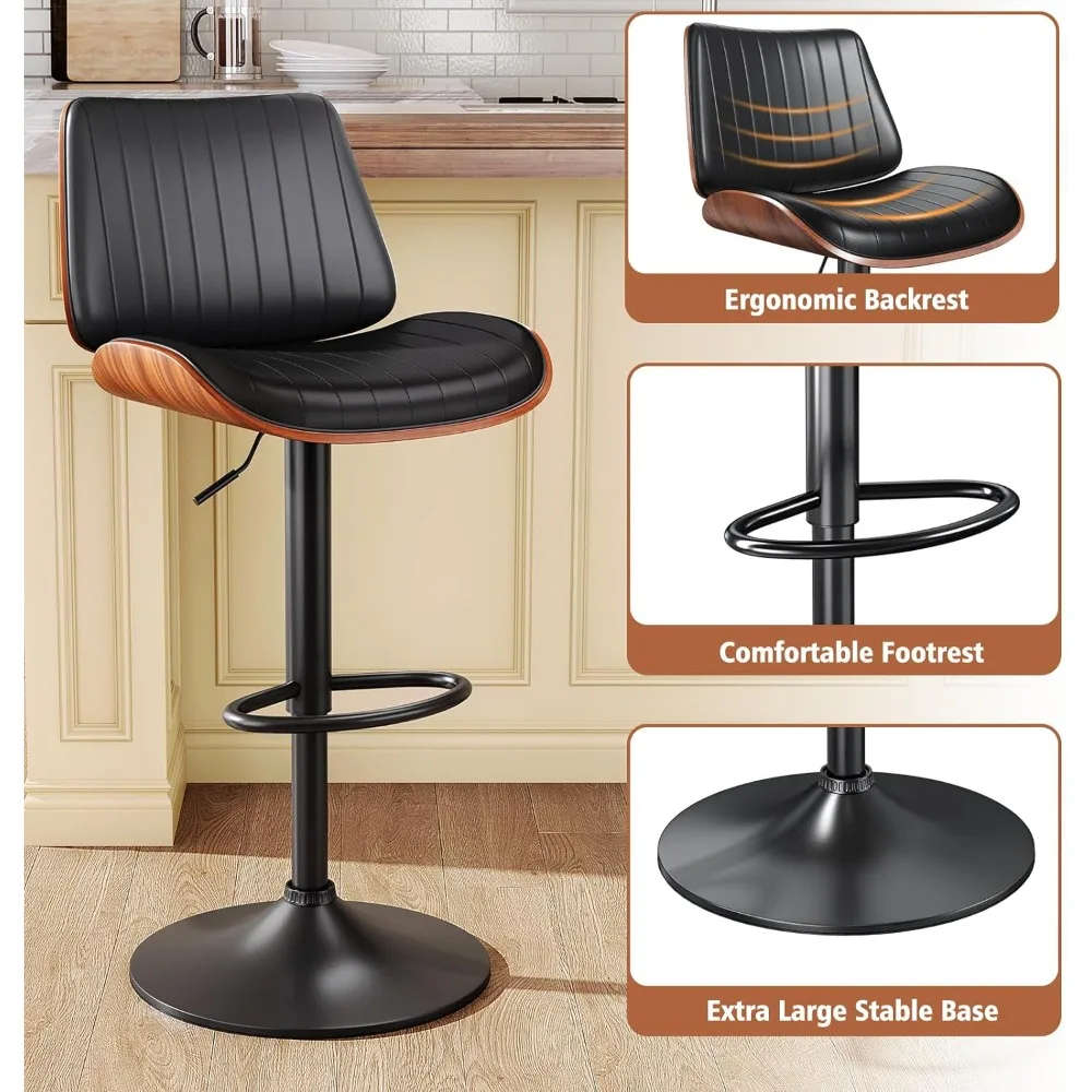 Conjunto de 3 bancos de bar, bancos de bar modernos com encosto de madeira curvada e assento de couro, bancos de bar para balcão de cozinha