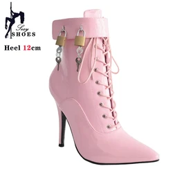 Women Pointed Toe Ankle Strap Boot 12cm Sexy Cross-tied Metal Thin High Shoes Stiletto Buckle Boots with Padlocks Lockable Boots