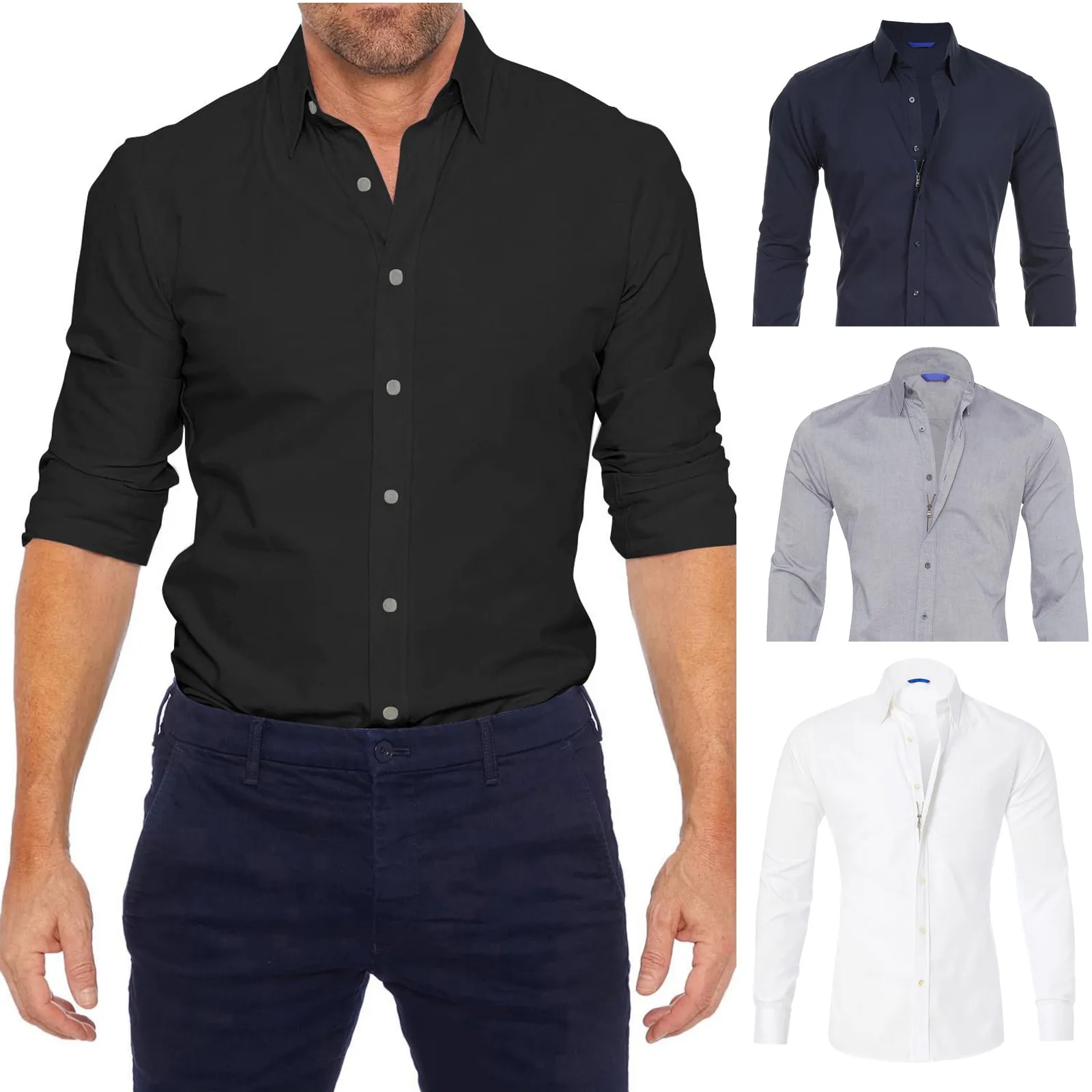 Camisas de vestido casuais masculinas, manga longa, fecho de correr, stretch, sólido, grandes dimensões, tops, moda