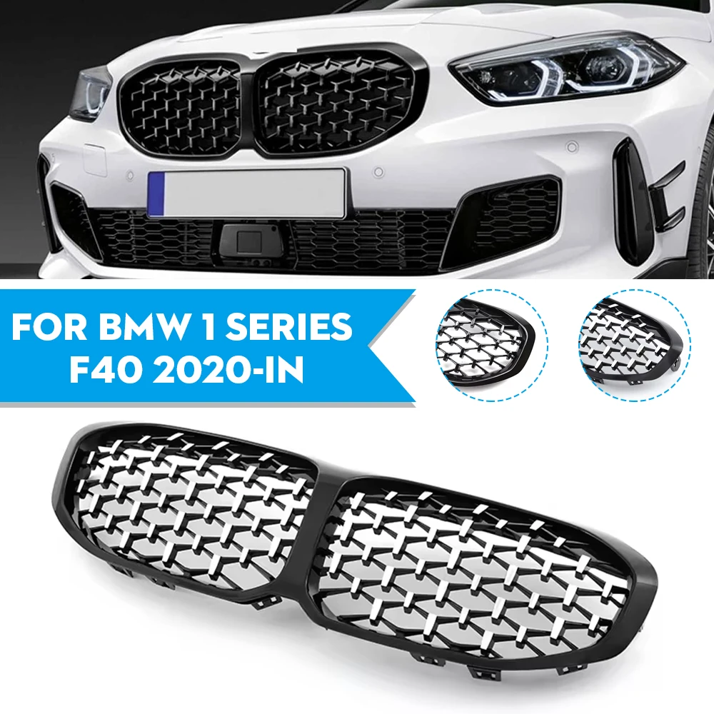 Car Front Bumper Grille Diamond Style Grill For BMW 1 Series F40 118i 120i 2020+ Gloss black Original Grilles Auto Accessories