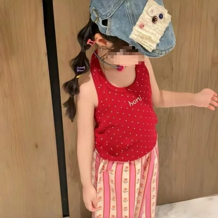 2026 Girls Cute Solid Clothing New Sleeveless Strappy Polka Dot Vest Off Shoulder Casual Sleeveless Summer Girls Vest Top