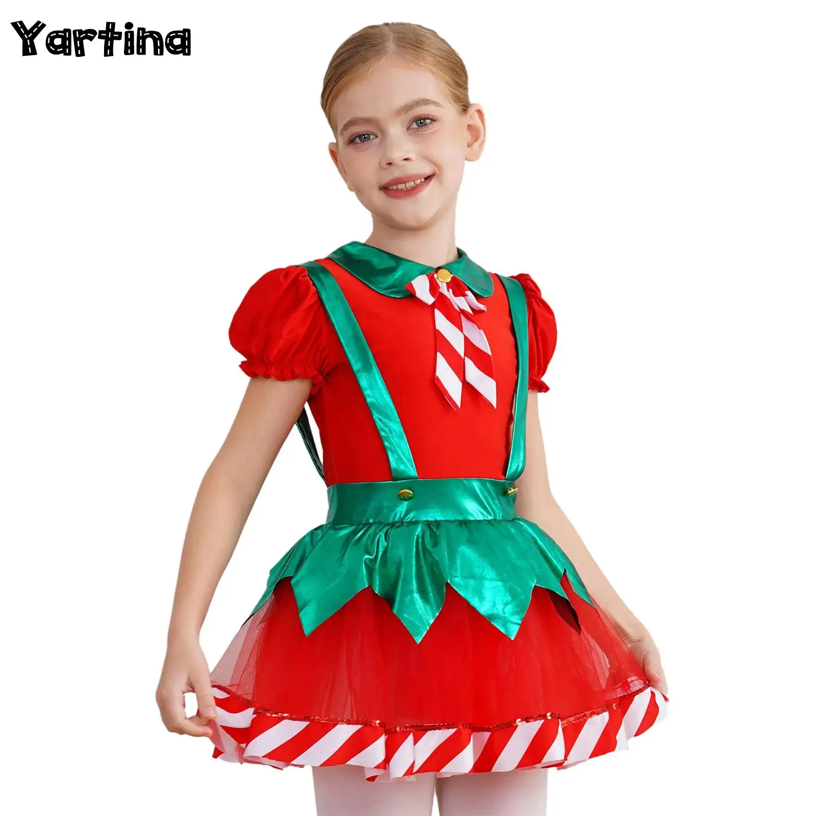 

Girls Xmas Elf Christmas Santa Claus Cosplay Costume Bow Stripes Ballet Tutu Dress Suspender Dress Figure Skating Tight Jumpsuit