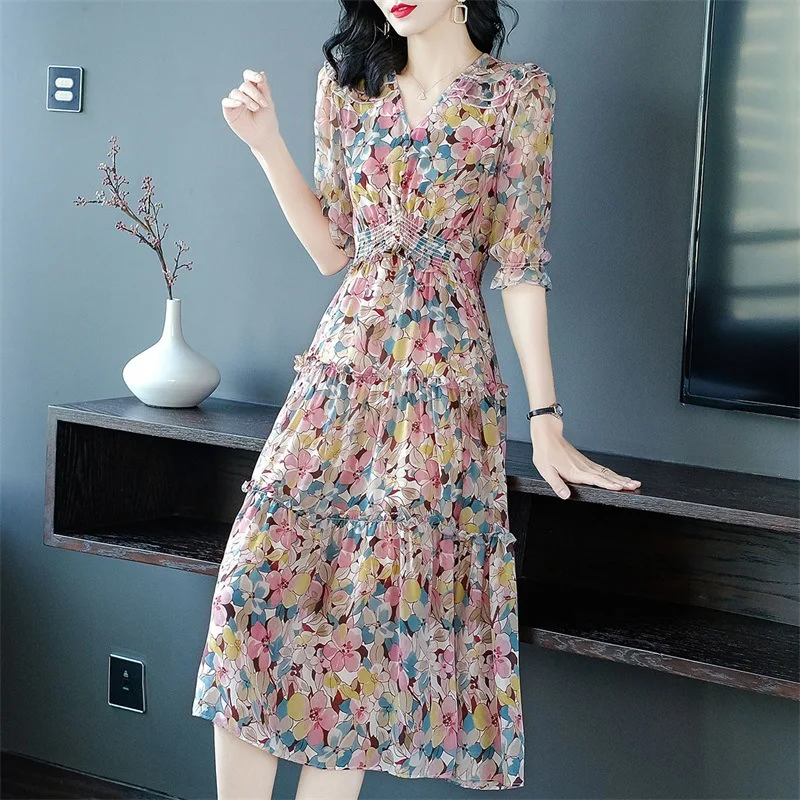 

High-end women's 100% mulberry silk floral maxi dress high waist silk dress summer skirt fairy skirt