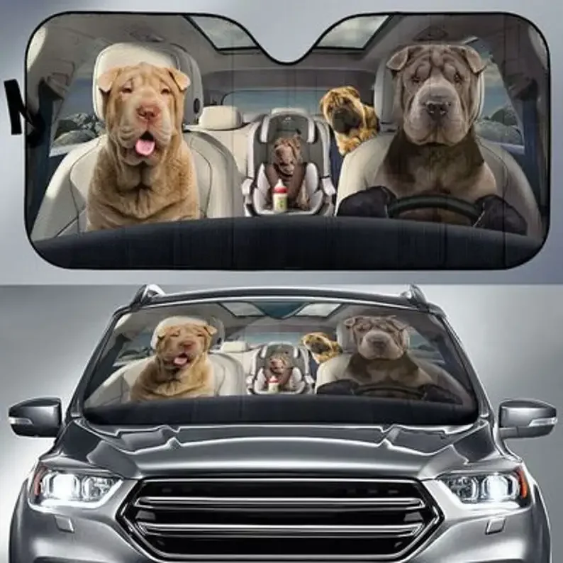 Shar Pei Family Funny Safe Driver Auto Sun Shade Customized Gift Custom Animal Pattern Sunshade,STYLE FOR CAR