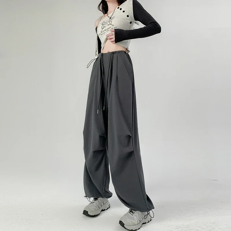Spring Autumn New High Waist Casual Pants Elegant Solid Color Loose Wide Leg Pants Korean Fashion Drawstring Sweat Pants