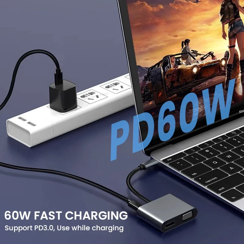 USB C Hub 4 في 1، محول HDMI VGA 4K مع توصيل طاقة USB 3.0 و60 وات، دونجل من النوع C لأجهزة الكمبيوتر المحمول MacBook Pro #3