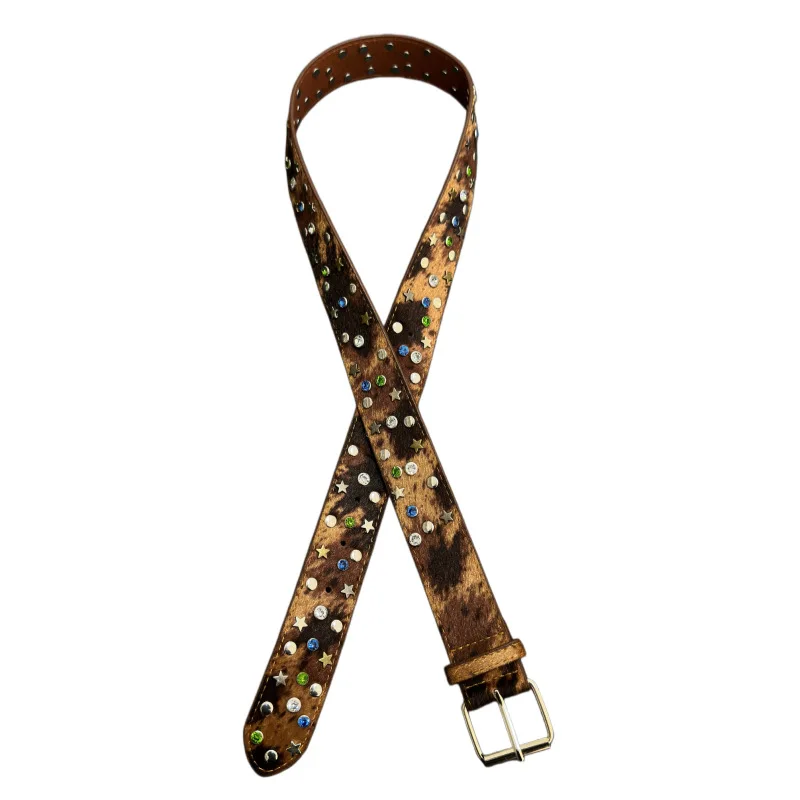 

Brand Design Mixed Rhinestone Star Rivet Belt Adult Unisex PU Leather Horsehair Pattern Waist Belt Vintage Studded Cinturones