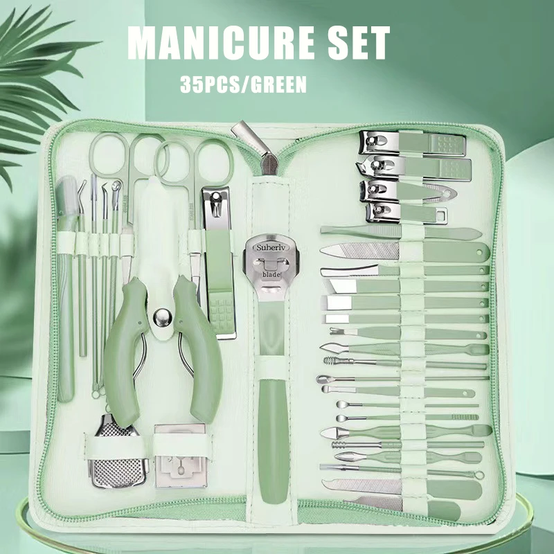 New Light Green 7-35 pcs/set Manicure Kit High-quality Steel Multi-functional Professional Nail Trimmer Cutter Foot Care Tools