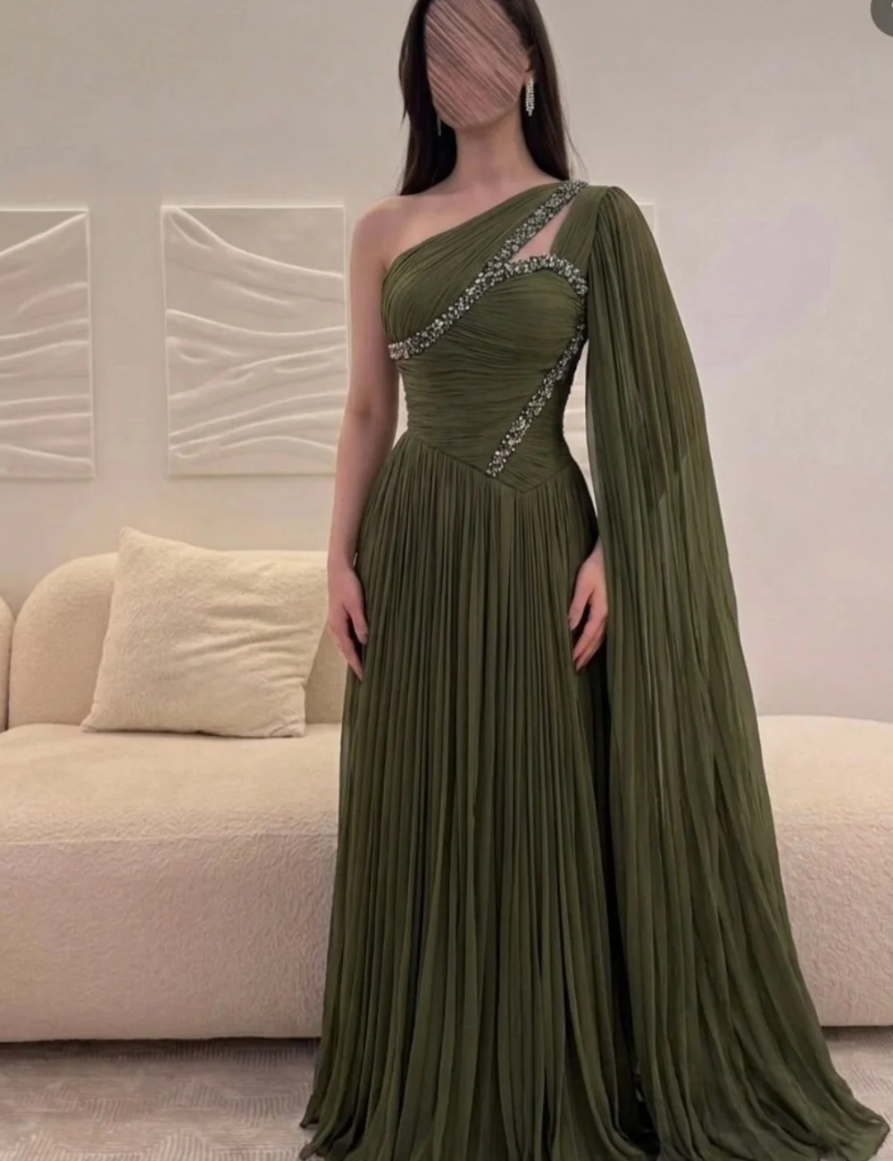 

Customized Luxury Exquisite Chiffon Pleat Beading Sequined Rhinestone A-line One-shoulder Floor-Length Evening Dresses Retro
