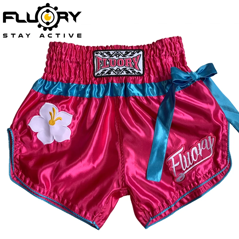 FLUORY Rose Red Girls' Color Blocked Muay Thai Shorts Free Fighting Mixed Martial Arts Boxing Training Competition MMA Shorts