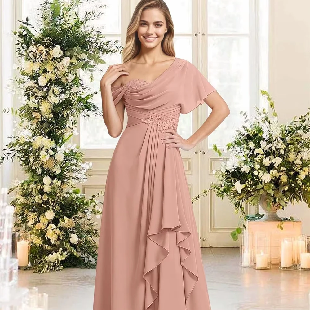 Vestidos de baile femininos personalizados, ombro de fora, vestido de dama de honra para convidados de casamento, chiffon, renda, apliques, vestidos longos de festa de casamento
