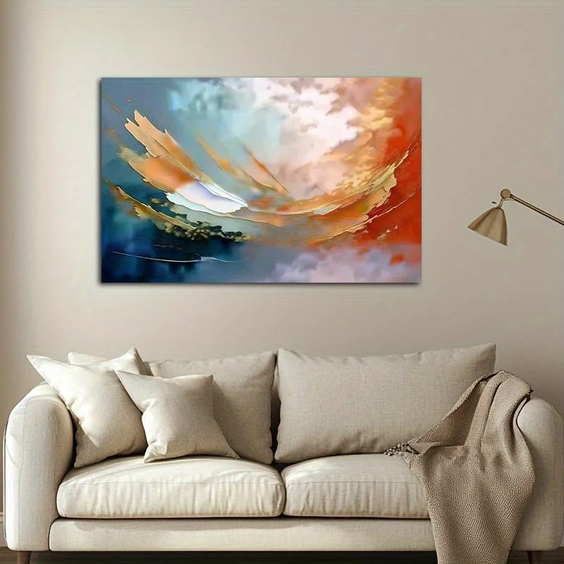 1pc Modern Abstract Wall Art - Frameless Oil Painting with Vibrant Blue, Orange & Pink Swirls, Hand-Painted Design for Home