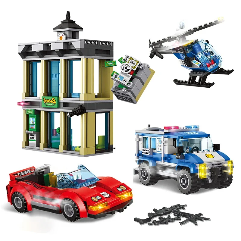 655Pcs City Police Catch Bank Robber Sets Building Blocks SWAT Vehicle Helicopter Policeman Thieves Figures Bricks Toys Children