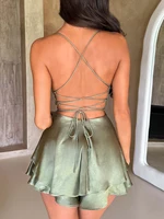 Women Sleeveless Satin Playsuits Fashion Summer Short Sling Backless Jumpsuits Cross Tie-Up Bandage Romper Streetwear Outfit - Image 5