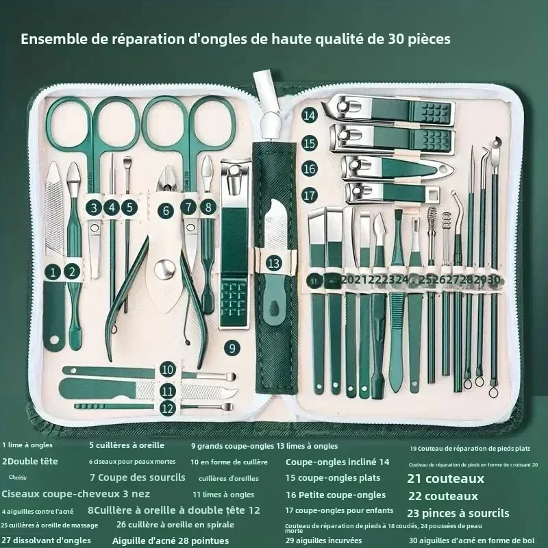 30個入りプロ仕様ステンレス製爪切りセット グリーンネイルツール マニキュア ペディキュアセット 30個入りトラベルグルーミングキット