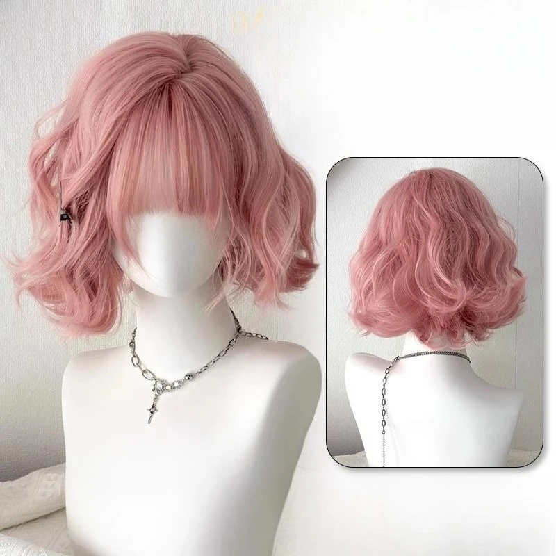 Perücke, rosa, kurzes Haar, weiblich, Altersreduzierung, Lolita, kurzes lockiges Haar, Wollrolle, natürliche Simulation, volle Kopfbedeckung