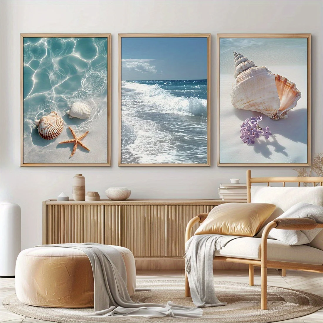 3 قطع من المطبوعات القماشية على الشاطئ، ديكور فني جداري بدون إطار، ملصقات صدف ساحلي ونجم البحر، مثالية لغرفة المعيشة، غرفة النوم #2