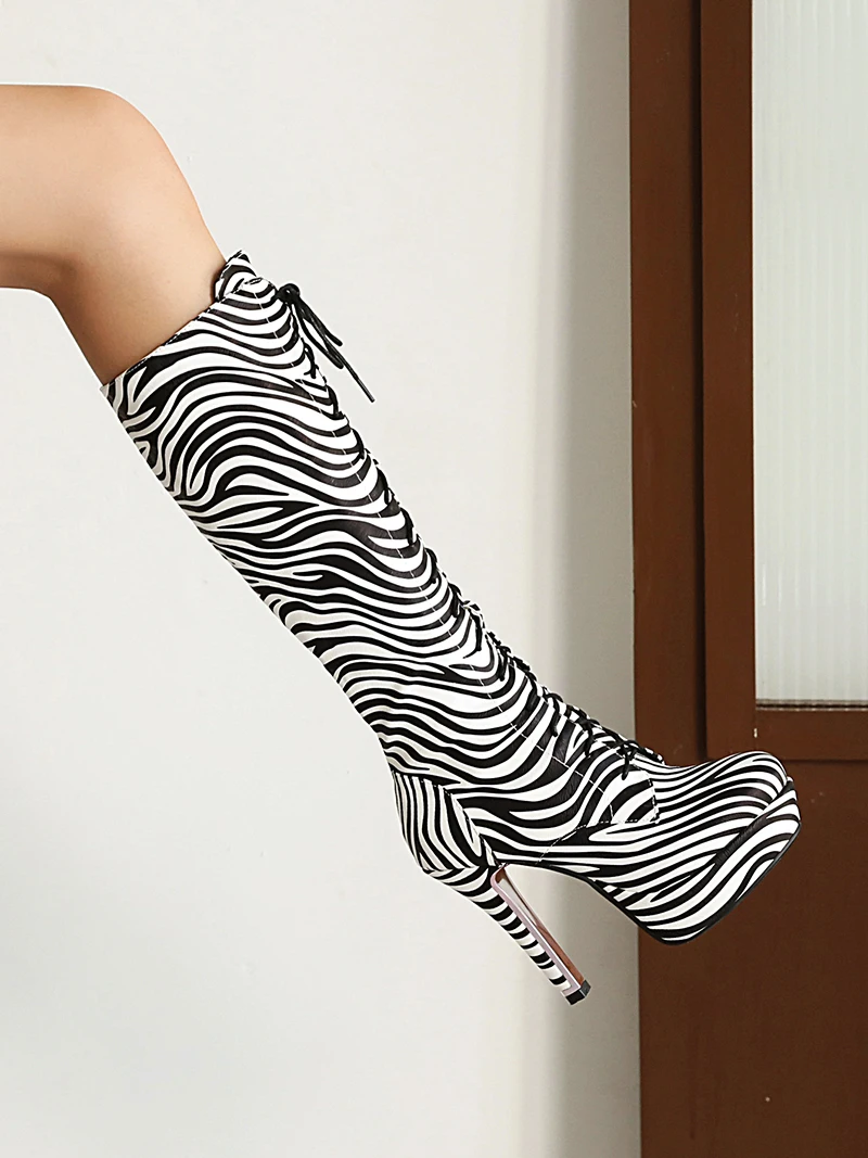 Plus Size Microfiber Zebra Print Women's Knee Boots Ultra High Pointed Toe Platform Zipper Cross Lace Patent Leather Silver Boot