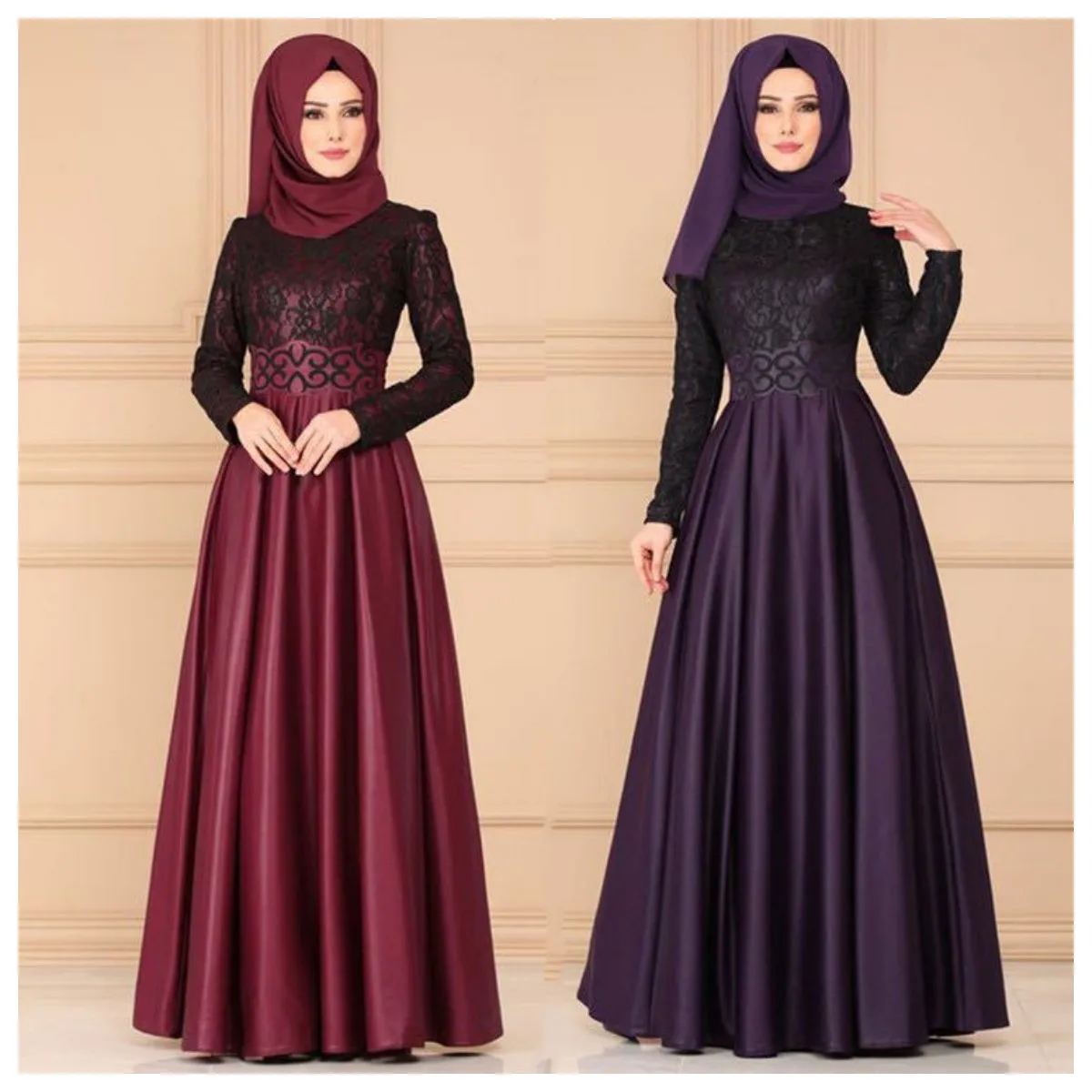 

YDD-1025#New 2023 In Muslim Eveing Dress Long Sleeve Black Lace Satin Face Dark Purple Green Burgundy Pink Blue Cheap Wholesale