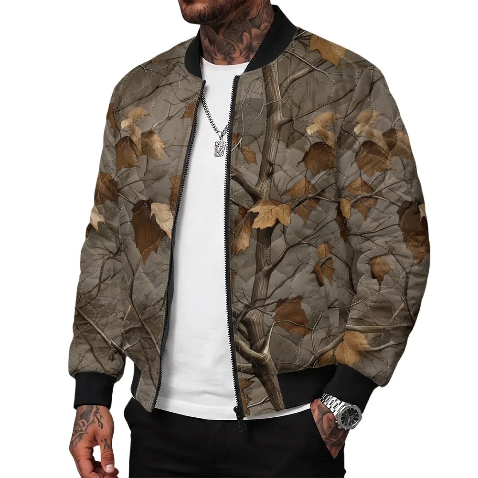 PENSTROLL Autumn Camo Leaf Print Men Casual Quilted Zip up Bomber Jacket Comfortable the Quilted Liner for Party
