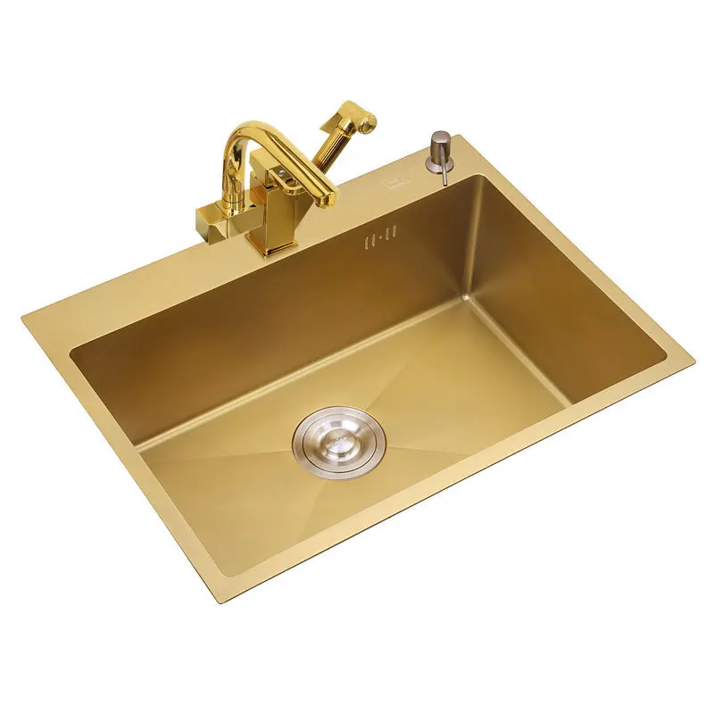 Luxury Stainless Steel Rectangle Nano Handmade Golden Sink Set Single Tank Manual Kitchen Sink with Faucet Spensor Accessories