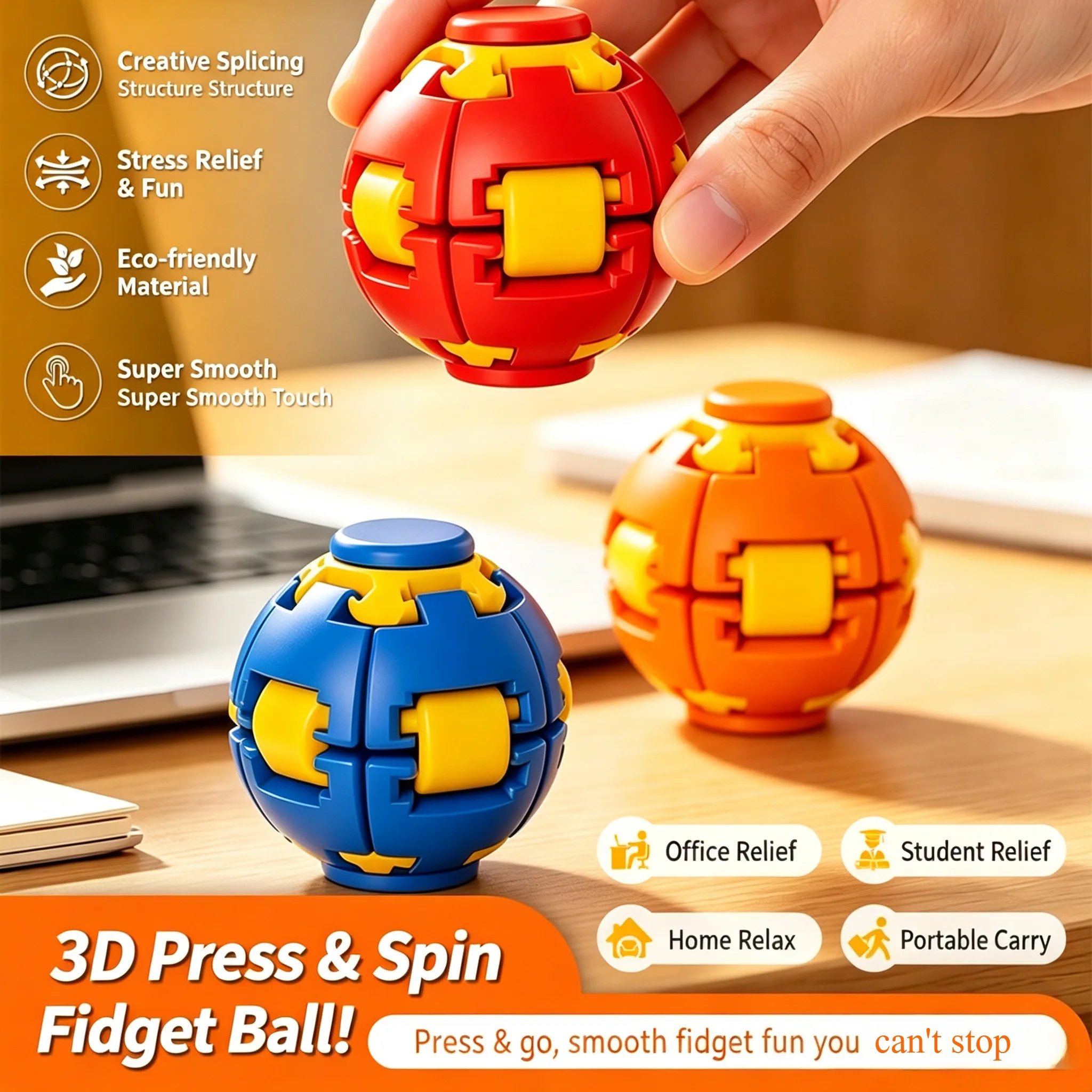 Deformable 3D Printed Gear Fidget Ball Press Auto Spin Fidget Spinner Stress Anxiety Relief Portable Pocket Desktop Decor Gift f