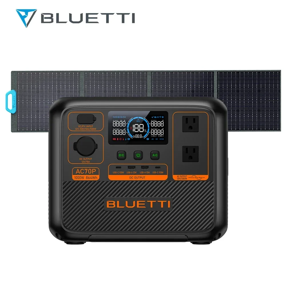 Bluetti AC70P 864Wh/1000W Lithium Battery With PV200 Solar Panel Portable Solar Power Station Home Battery Storage Generator