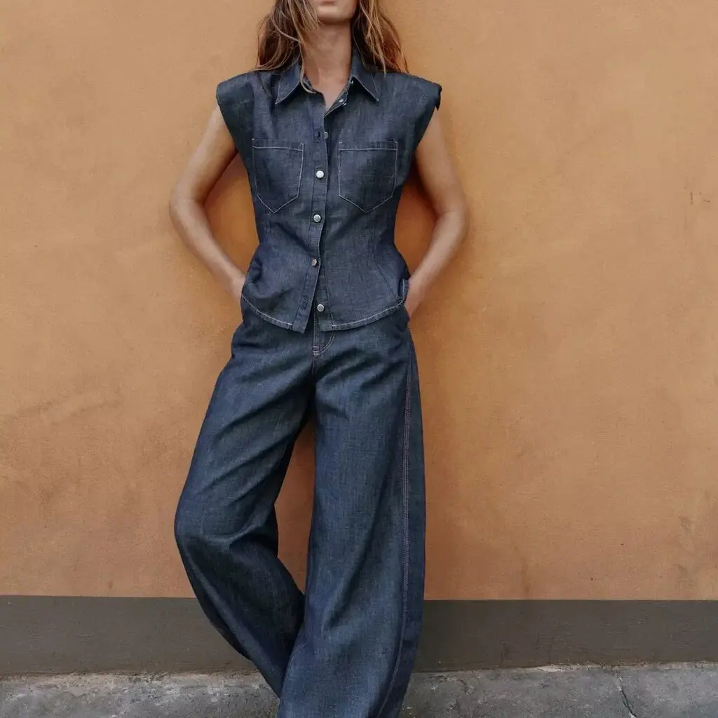 Spring Summer New Women's ZR Style Denim Padded Shoulder Shirt Bucket Pants Fashion Set Polyester Fiber Long Pants Casual Wear