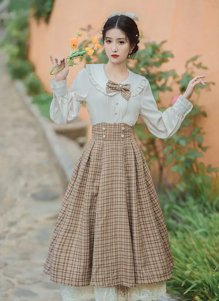 Kawaii Preppy Style Bow 2PCS Blouse Skirt Set Cute Peter-Pan Collar Solid Women Blouse High Waist Lace Plaid A-line Maxi Faldas