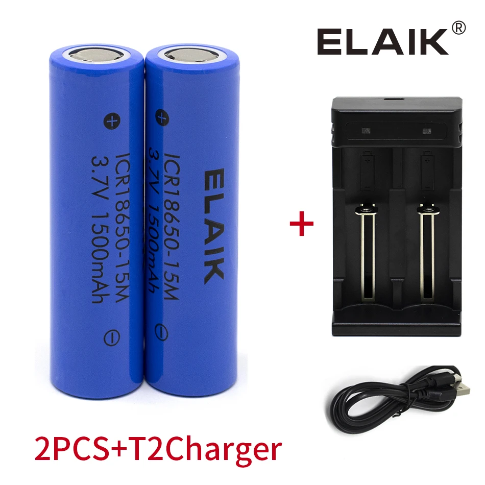 ELAIK ICR18650-15M 3.7V 1500mAh baterai Lithium Digital isi ulang cocok untuk senter kecil, dengan pengisi daya