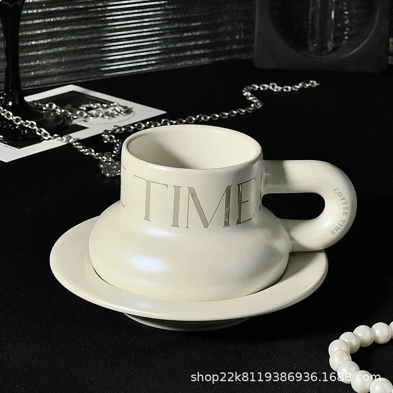 Chubby Letter Pattern Electroplated Mother Of Pearl Pearlescent Soft Ceramic Coffee Cup Saucer Set Home Gift Porcelain Drinkware