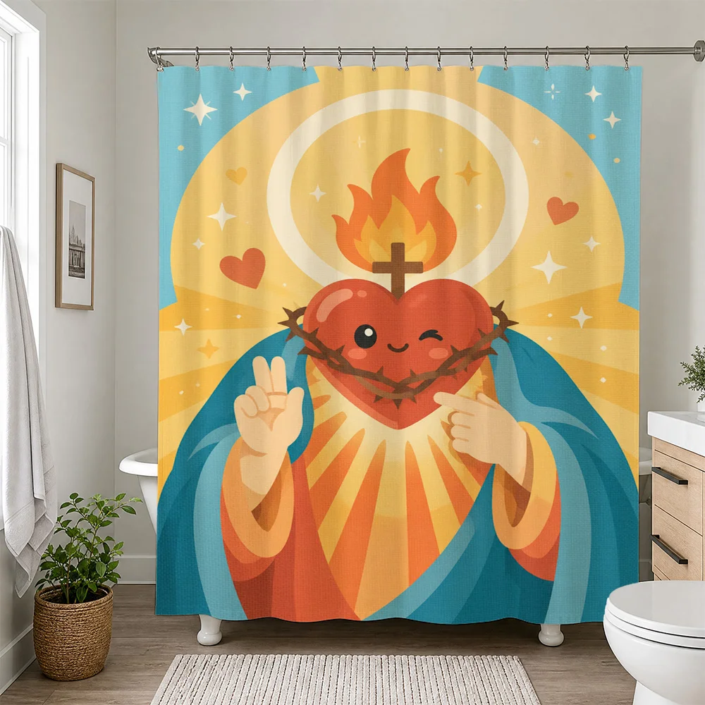 Sacred Heart Jesus Shower Curtain Christian Religious Art Bathroom Decor Divine Love Shower Curtain