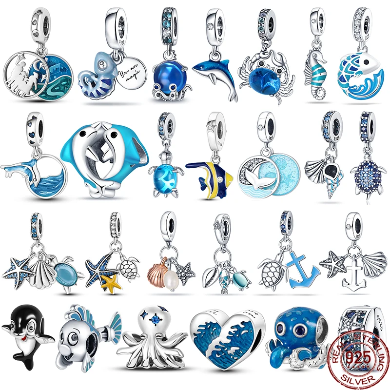 Abalorios De conchas marinas De Plata De Ley 925, Charms De cola De sirena De Delfín Azul De Plata, compatibles con pulsera Pandora Original, fabricación De joyas DIY