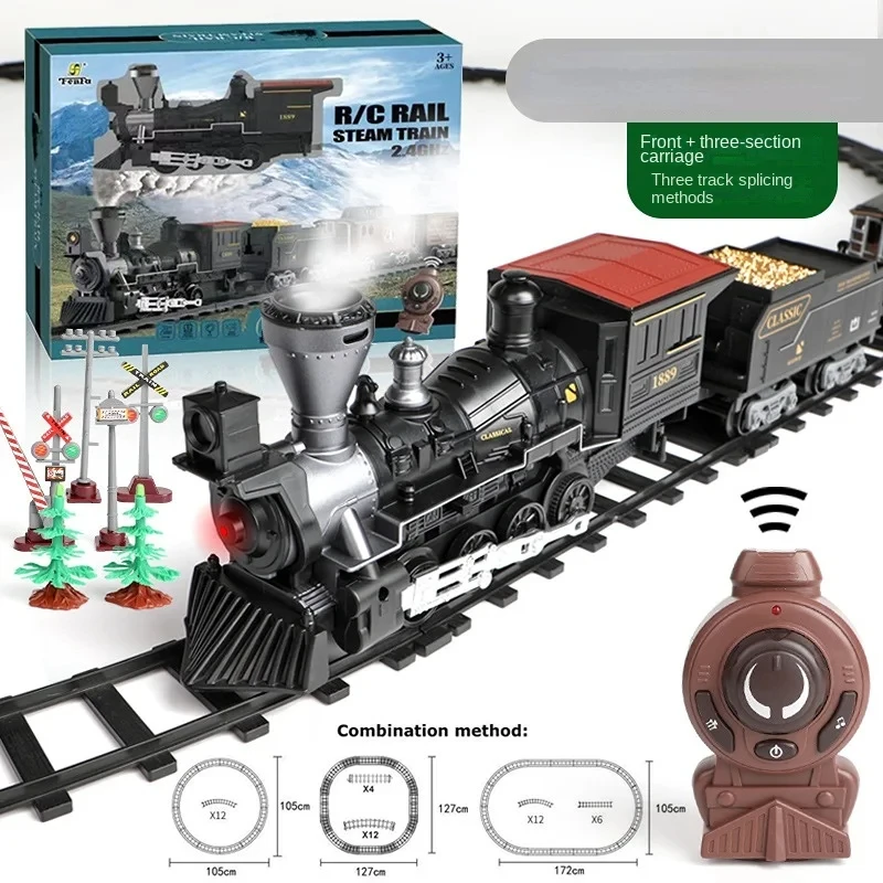 Electric Train Toy Remote Control Smoking Locomotive Rails Assemble DIY Tracks Set Classical Toys for Children B149