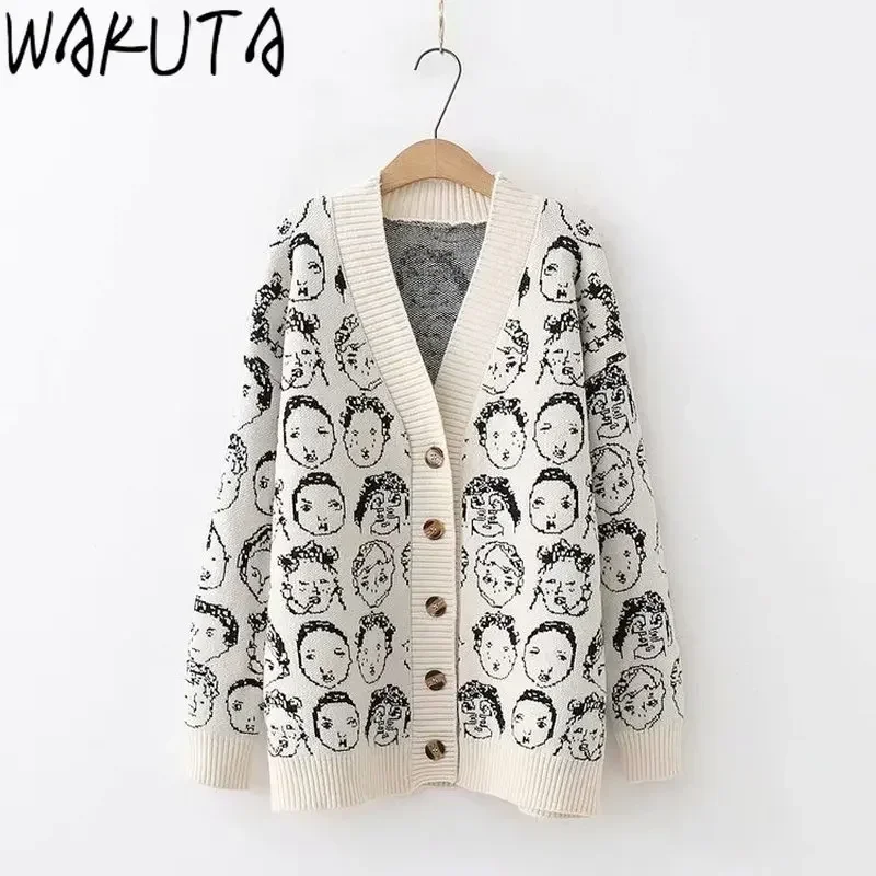 WAKUTA New Funny Cartoon V Neck Cardigan Female Knitwear Japanese Fall Winter Casual Loose Knit Jacket Sweater for Women