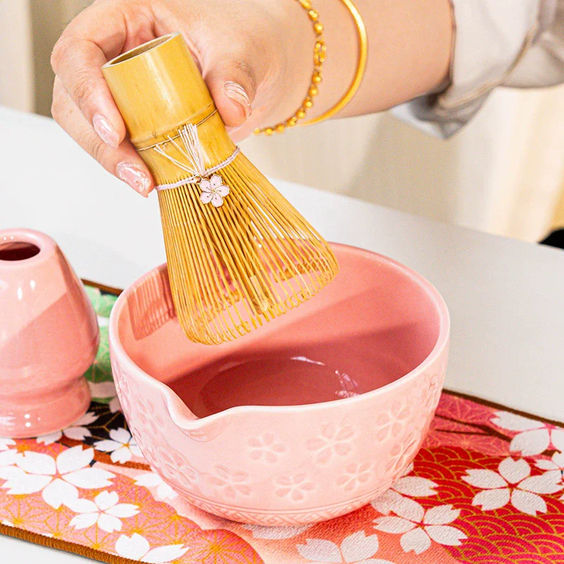 

NEW Pink Traditional Japanese Matcha Bowl and Whisk Holder Tea Bowl with Pouring Spout for Office Table Tea Ceremony Party Gift