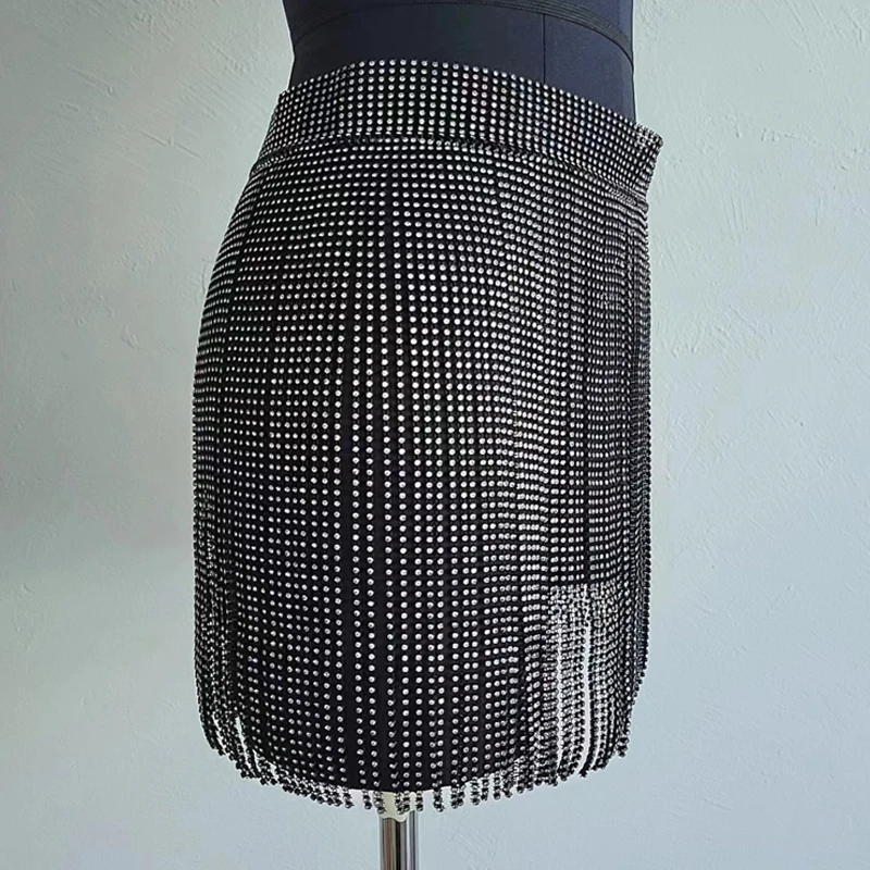2024 sommer Glitter Festival Sexy Strass Quaste Rock Handgemachte Frauen Hohe Taille Nachtclub Party Mini Röcke Für Dame Gürtel – Detail 6