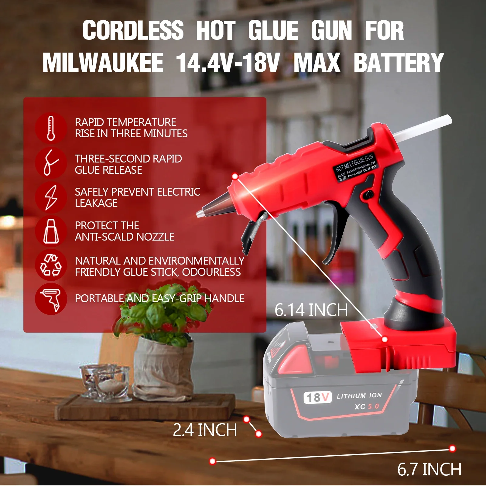 Cordless Hot Melt Glue Gun with 30pcs 7mm Glue Sticks DIY Crafts Electric Heat Repair Tool for Milwaukee 18V Lithium Battery