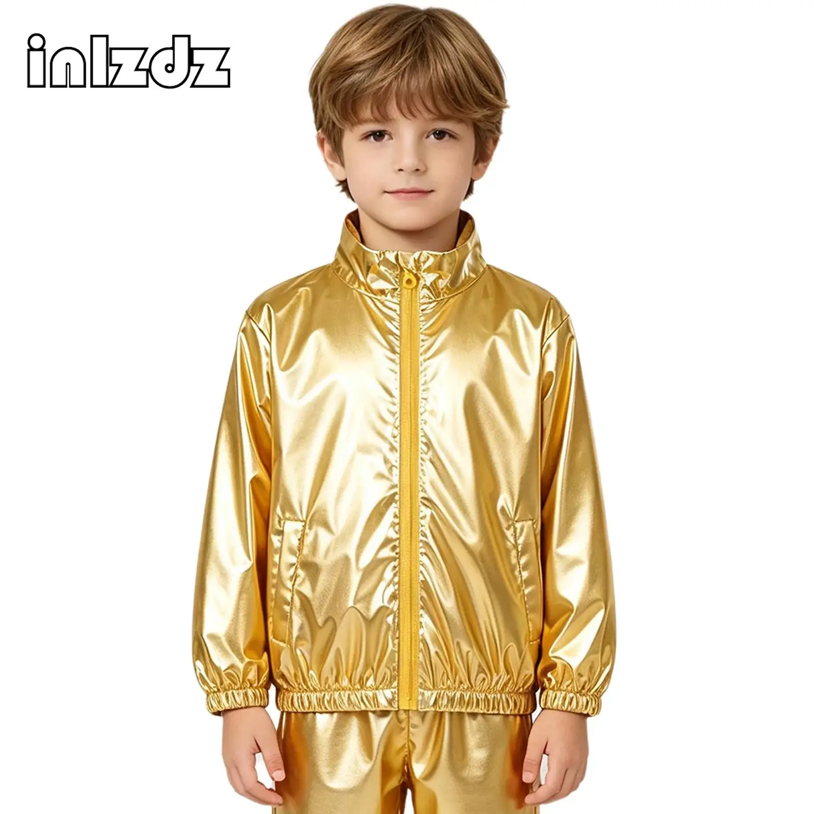 Kids Girls Shiny Hip-Hop Jazz Dance Performance Costume Holographic Metallic Outerwear Long Sleeve Lightweight Zip-up Shiny Coat