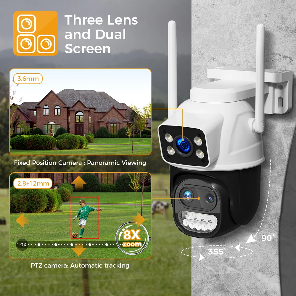 Hiseeu 9-мегапиксельная Wi-Fi IP-камера с тремя объективами и двойным экраном с 8-кратным зумом PTZ-камера Красочная камера ночного видения для видеонаблюдения