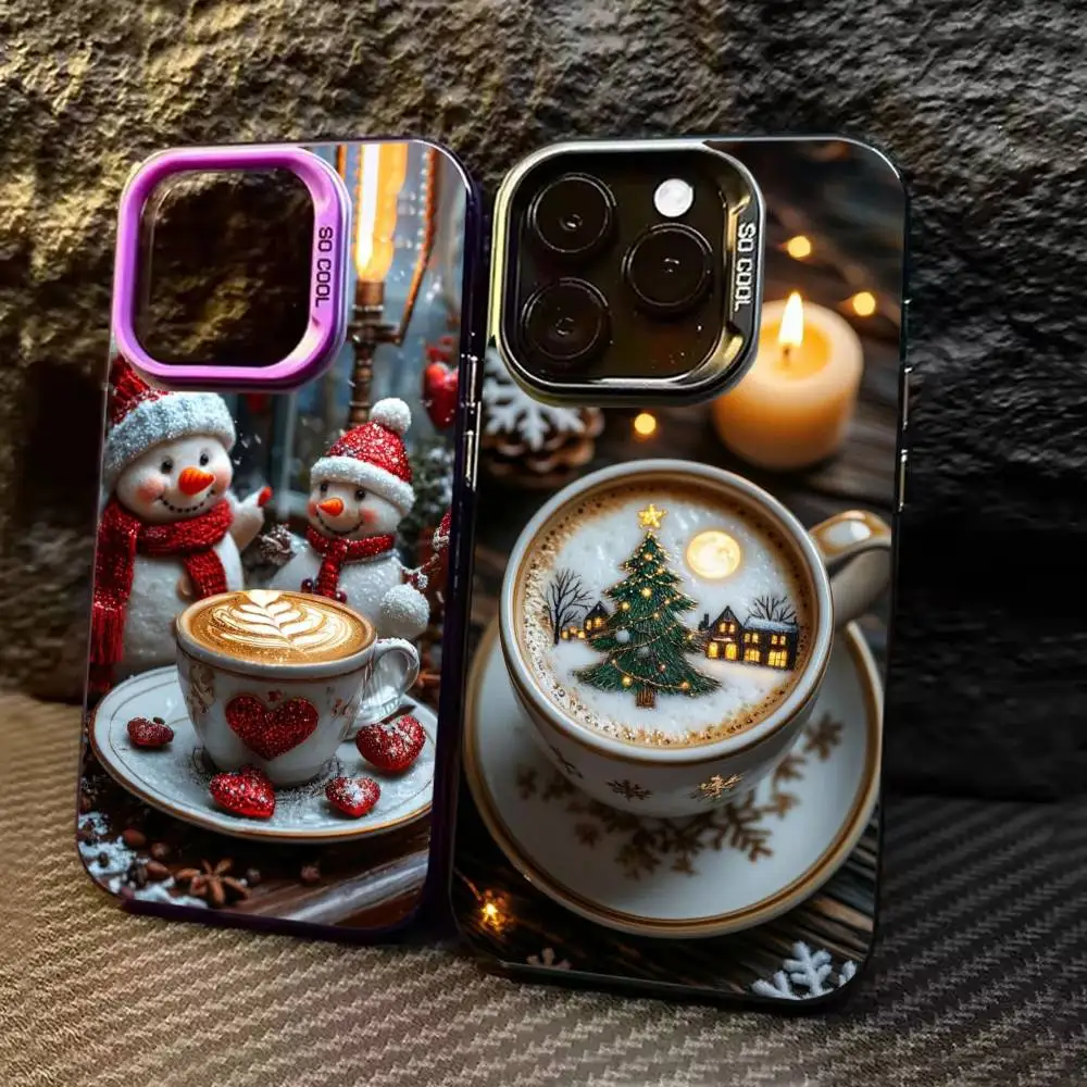 Winter Style Coffee Christma Phone Case For iPhone 17,16,15,14,13,12,11,Pro Max,Plus black Candy Silver Cover