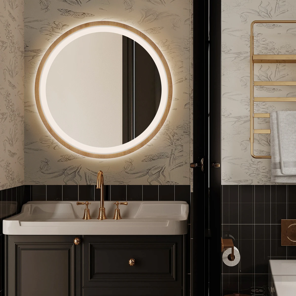 Modern Illuminated Bathroom Smart Salon Energy Saving Round Hotel Led Light Mirror Wood Framed Wall Mirror